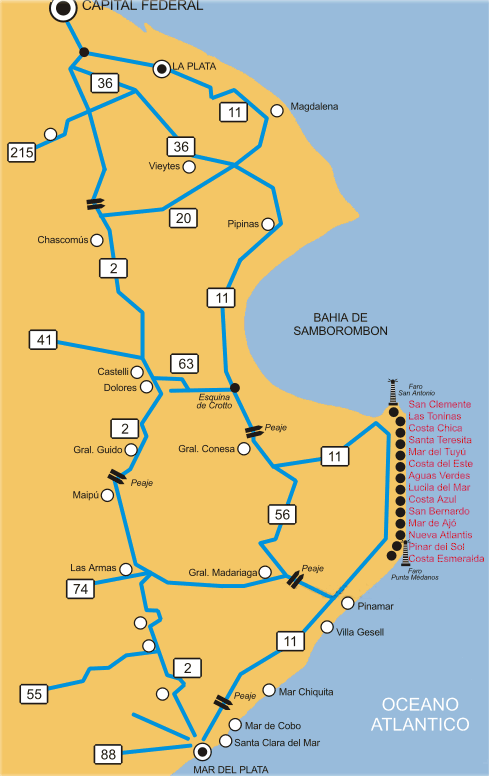 Mapa de la Costa Atlántica de Buenos Aires, Argentina